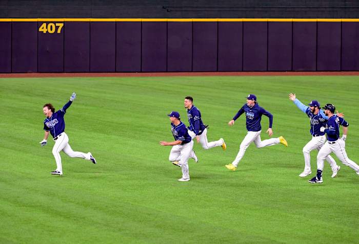 Brett Phillips, flying, 2020 World Series walk-off